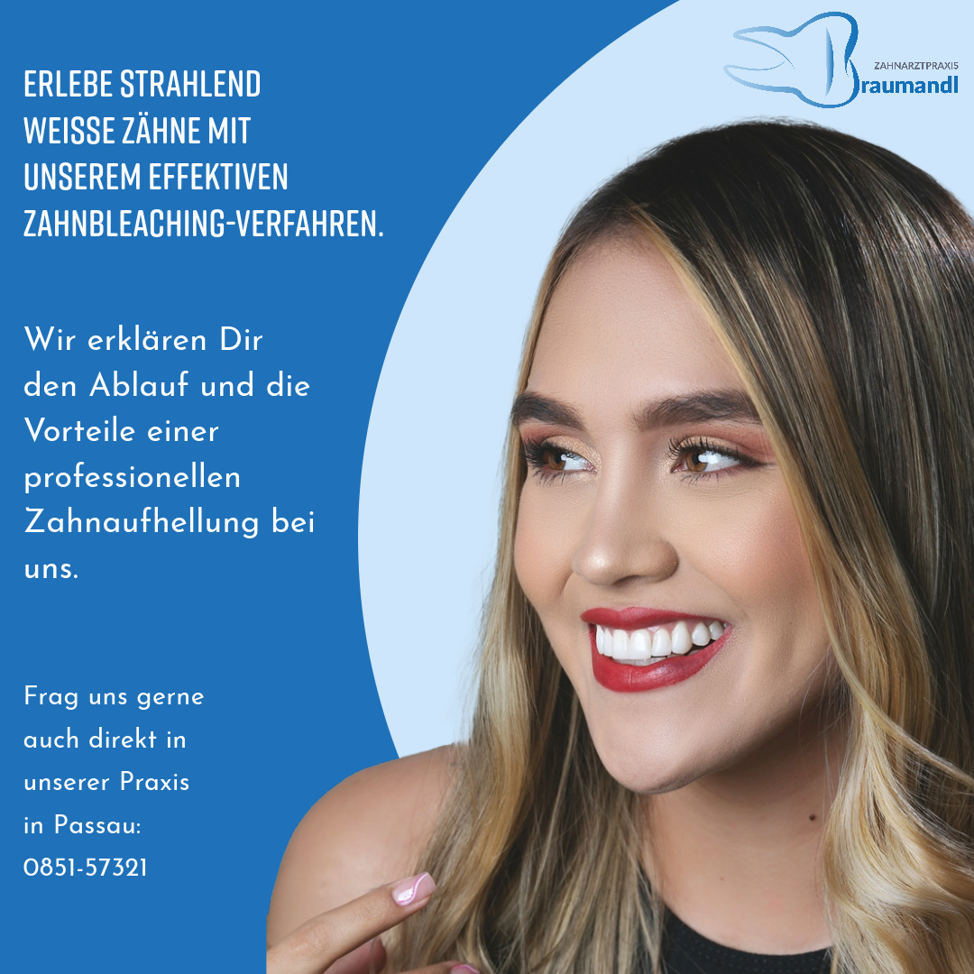 Erlebe strahlend weiße Zähne mit unserem effektiven Zahnbleaching-Verfahren. Wir erklären Dir den Ablauf und die Vorteile einer professionellen Zahnaufhellung bei uns. Frag uns gerne auch direkt in unserer Praxis in Passau: 0851-57321