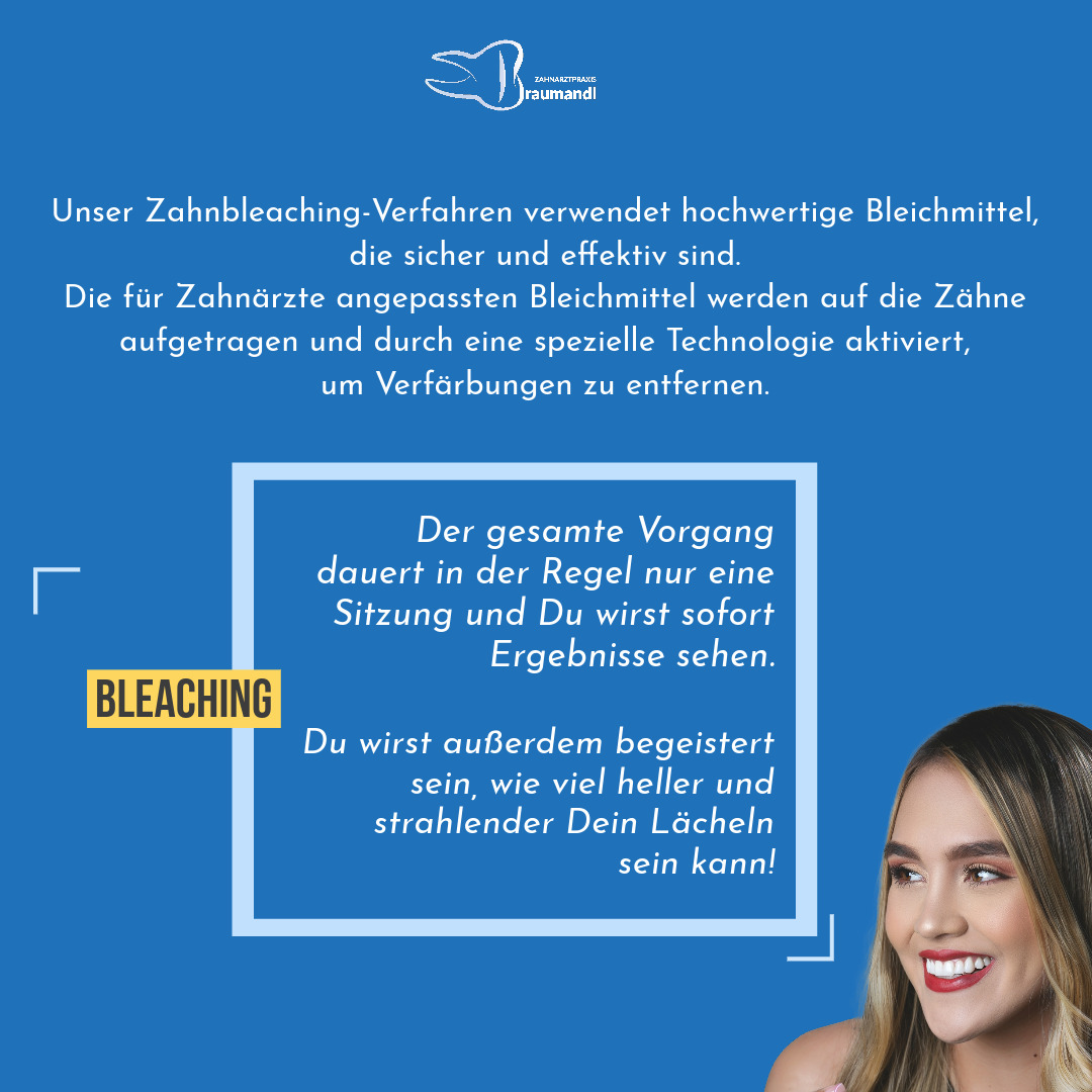 Unser Zahnbleaching-Verfahren verwendet hochwertige Bleichmittel, die sicher und effektiv sind. Die für Zahnärzte angepassten Bleichmittel werden auf die Zähne aufgetragen und durch eine spezielle Technologie aktiviert, um Verfärbungen zu entfernen.