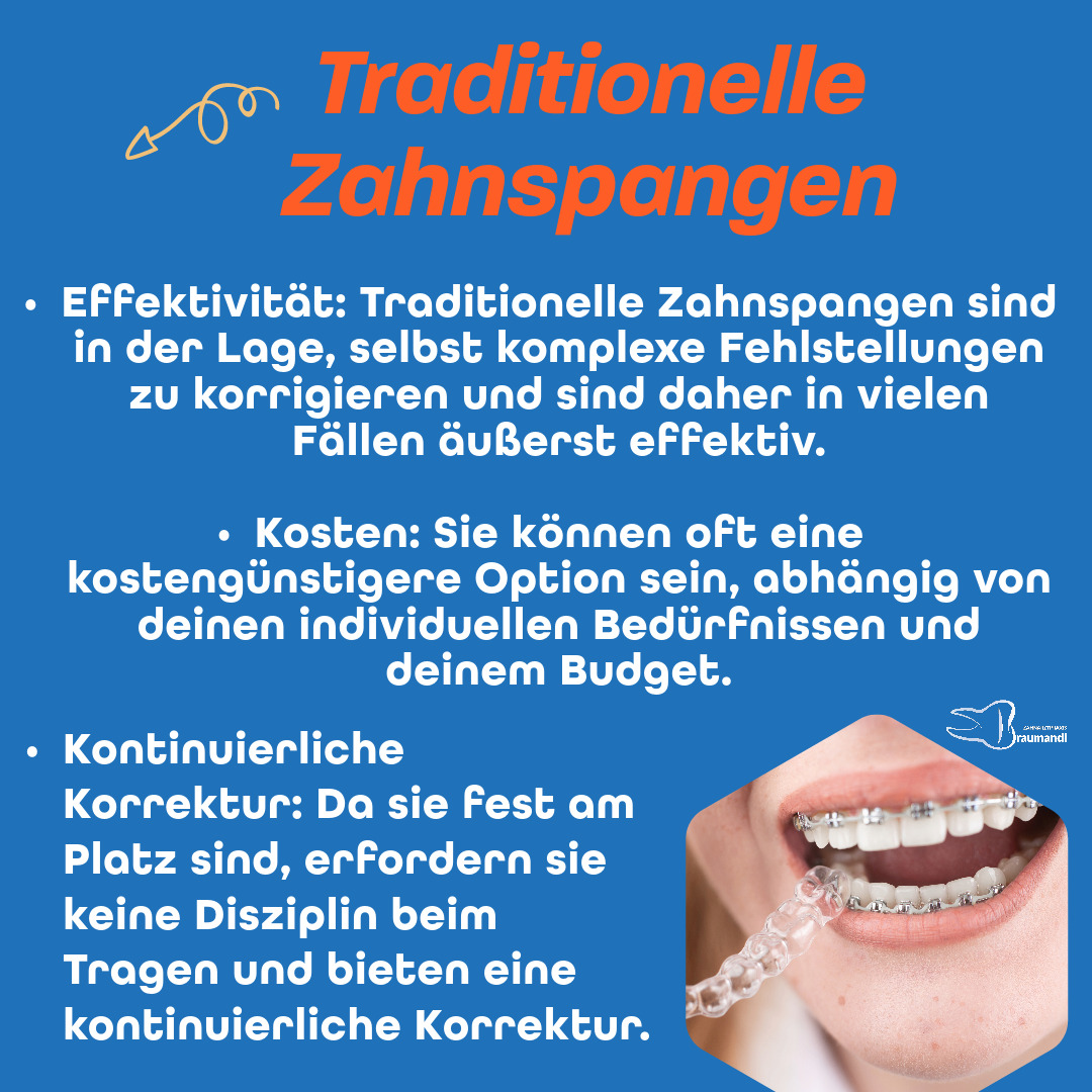 Traditionelle Zahnspangen Effektivität: Traditionelle Zahnspangen sind in der Lage, selbst komplexe Fehlstellungen zu korrigieren und sind daher in vielen Fällen äußerst effektiv. Kosten: Sie können oft eine kostengünstigere Option sein, abhängig von deinen individuellen Bedürfnissen und deinem Budget. Kontinuierliche Korrektur: Da sie fest am Platz sind, erfordern sie keine Disziplin beim Tragen und bieten eine kontinuierliche Korrektur.